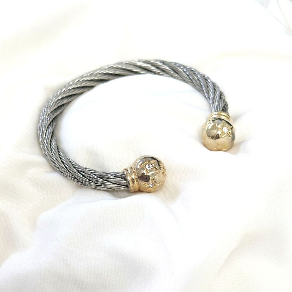 Vintage Two-Tone Silver & Gold Star Bangle – Rhinestone Accents, Flexible Fit
